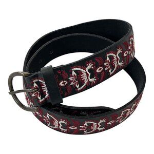 Lucky Brand Y2K Embroidered Leather Belt Black Burgundy Cream Floral Size M